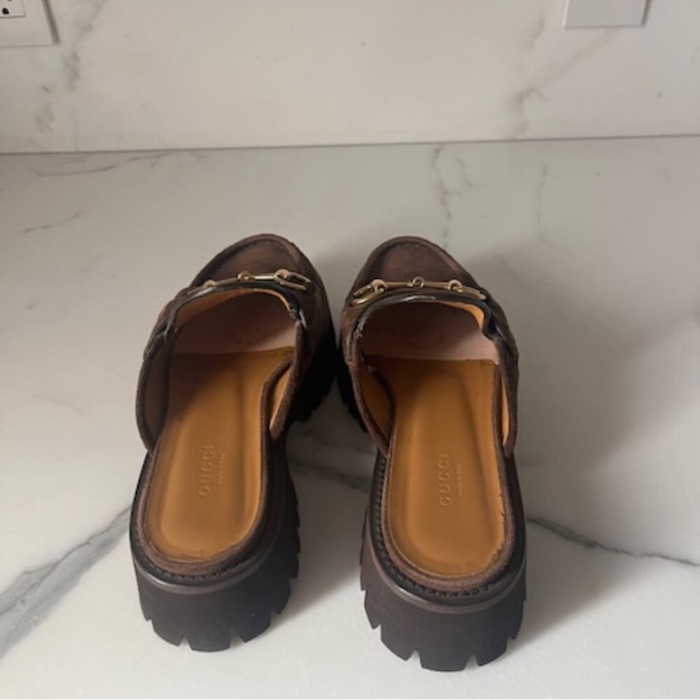 Gucci Sylke Horsebit Platform Mules Washed Brown Suede - Picture 6 of 10